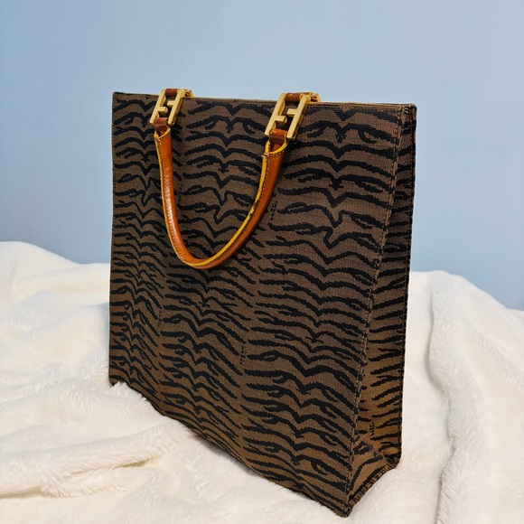 FENDI Tote Bag FF Hardware Zebra Leopard Animal Pattern Brown - Picture 1 of 8
